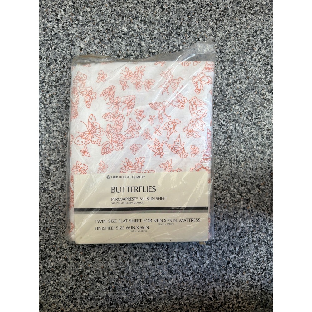 Vintage Sears Perma-Prest Twin Flat Sheet Butterflies Orange White Muslin NEW